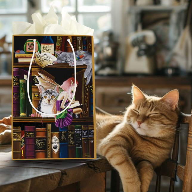 Sacola Para Presentes Média Fairy Cats Books Library Fantasy (Criador carregado)