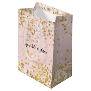 Sacola Para Presentes Média Faísca de Confetti Dourado Cor-de-rosa-claro