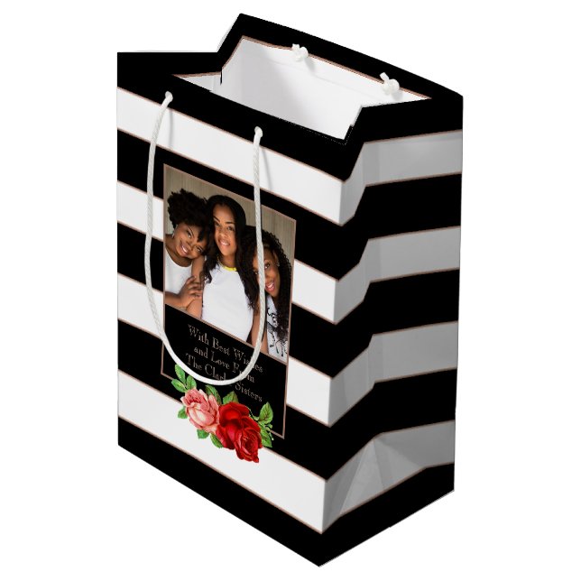 Sacola Para Presentes Média Faixa Preta e Branca de Bronze Floral - Foto Perso (Verso inclinado)