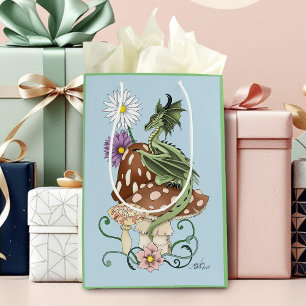 Sacola Para Presentes Média Fantasia Verde Caprichosa Flores de Cogumelo de Dr