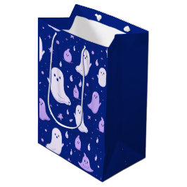 Sacola Para Presentes Média Fantasmass Brancas e Roxas Estrelas Azul Halloween