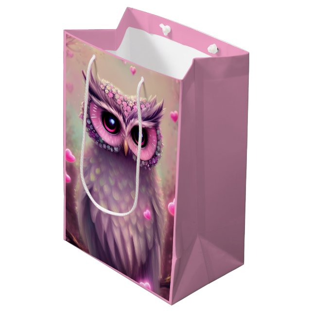 Sacola Para Presentes Média Fantasy Pink Fluffy Kawaii Owl (Frente inclinada)
