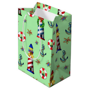 Sacola Para Presentes Média Faróis de Natal Náuticos em Fundo Verde