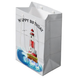 Sacola Para Presentes Média Farol De Aniversário Na Madeira De Corte