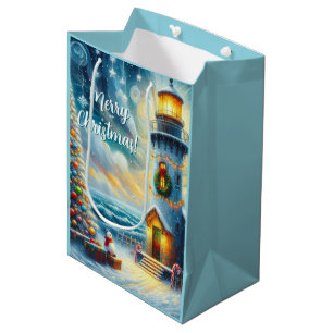 Sacola Para Presentes Média Farol de Árvore de Natal Azul Costeiro Náutico