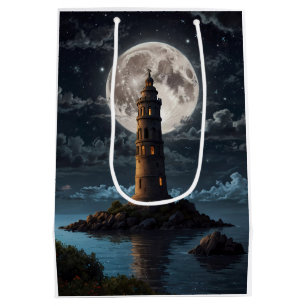 Sacola Para Presentes Média Farol iluminado à luz da lua numa noite clara