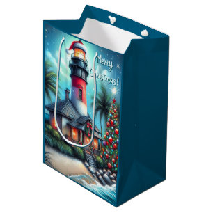 Sacola Para Presentes Média Farol Tropical de Natal Whimsical Vermelho Teal