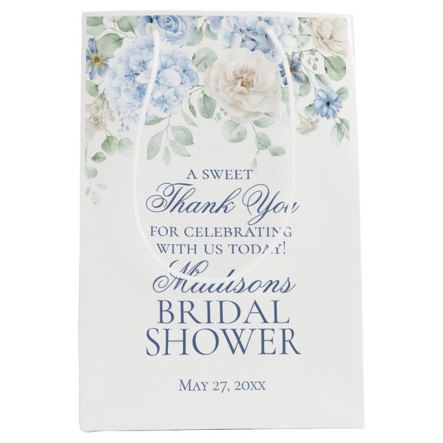 Sacola Para Presentes Média Favor de Chuveiro de Noiva de Hortênsia Floral Azu (Frente)