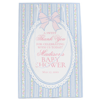 Sacola Para Presentes Média Favoritos de Chá de Bebê Floral Vintage Azul Chiqu