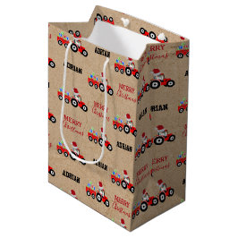 Sacola Para Presentes Média Fazenda de Trator de Natal Vermelho Nome Personali