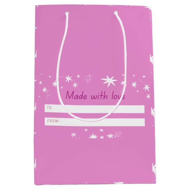 Sacola Para Presentes Média Feita com o Amor rosa e estrelas (Frente)