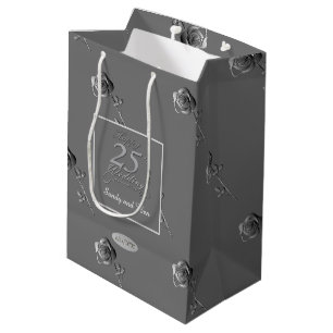 Sacola Para Presentes Média "Feliz 25 Casamento de Aniversário" Rosas 3D nas C