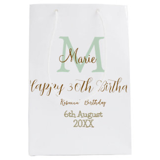 Sacola Para Presentes Média Feliz 30º Aniversário monograma pastel dourado ver