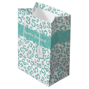 Sacola Para Presentes Média Feliz 35º aniversário Número Padrão Teal/Branco