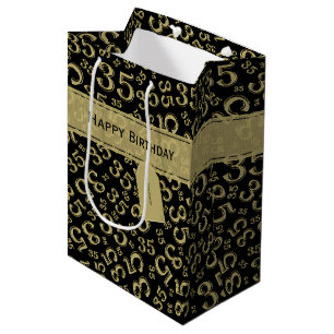 Sacola Para Presentes Média Feliz 35º aniversário Padrão Preto/Dourado