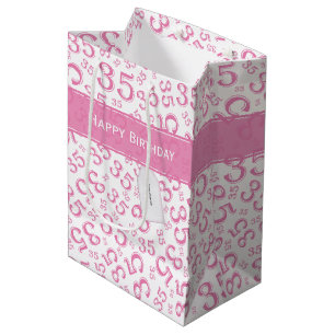 Sacola Para Presentes Média Feliz 35º aniversário Padrão Rosa/Branco