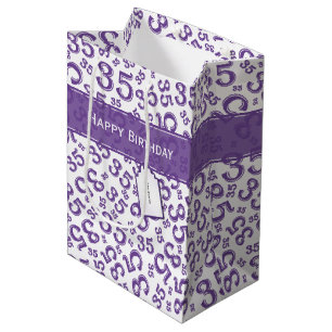 Sacola Para Presentes Média Feliz 35º aniversário Padrão Roxo/Branco