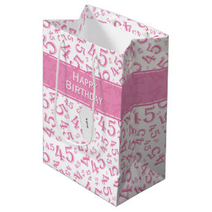 Sacola Para Presentes Média Feliz 45º Aniversário Padrão Rosa/Branco