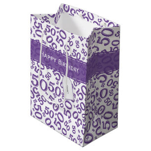 Sacola Para Presentes Média Feliz 50º Aniversário Padrão Aleatório Roxo/Branco
