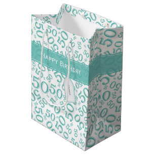Sacola Para Presentes Média Feliz 50º Aniversário Raleto Padrão Teal/Branco