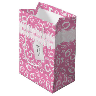 Sacola Para Presentes Média Feliz 65º aniversário Número padrão rosa e branco