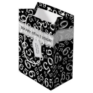 Sacola Para Presentes Média Feliz 65º aniversário Padrão Preto e Branco