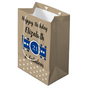 Sacola Para Presentes Média Feliz Aniversário 21 e fabuloso azul-marrom