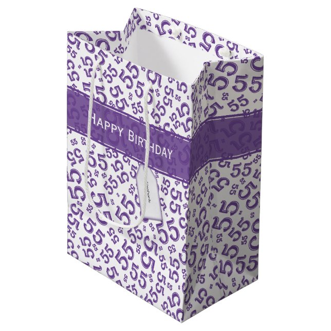 Sacola Para Presentes Média Feliz Aniversário 55 Anos Padrão Roxo/Branco (Frente inclinada)