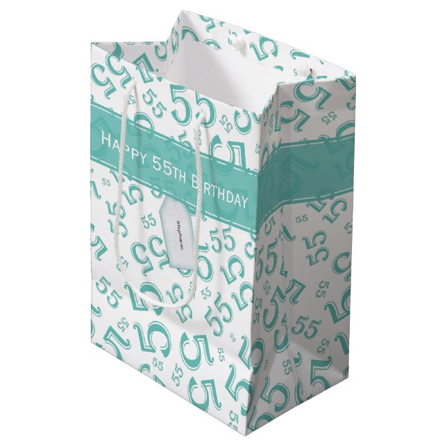 Sacola Para Presentes Média Feliz Aniversário, 55 Números De Teal/Branco (Frente inclinada)