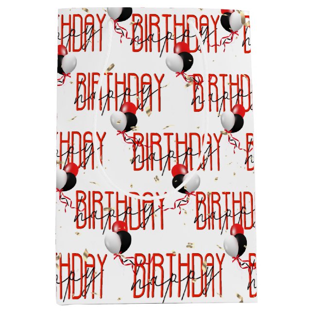 Sacola Para Presentes Média Feliz Aniversário Balões e Dourado Confetti (Frente)