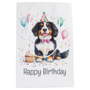 Sacola Para Presentes Média Feliz Aniversário Bernese Mountain Dog