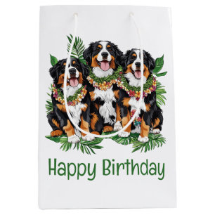 Sacola Para Presentes Média Feliz Aniversário Bernese Mountain Dogs Havaianos