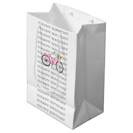 Sacola Para Presentes Média FELIZ ANIVERSÁRIO, Bicicleta Rosa Pink, Diversão d