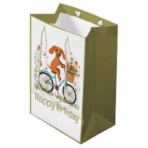 Sacola Para Presentes Média Feliz Aniversário Cachorro Dachshund Andando de Bi