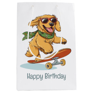 Sacola Para Presentes Média Feliz Aniversário Cachorro Golden Retriever Skateb