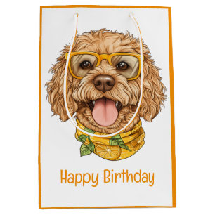Sacola Para Presentes Média Feliz Aniversário Cachorro Goldendoodle Óculos de 