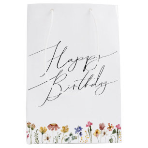 Sacola Para Presentes Média Feliz Aniversário Colorido de Flor Selvagem