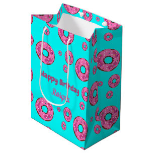 Sacola Para Presentes Média Feliz aniversário, cor-de-rosa, rosquinhas de azul