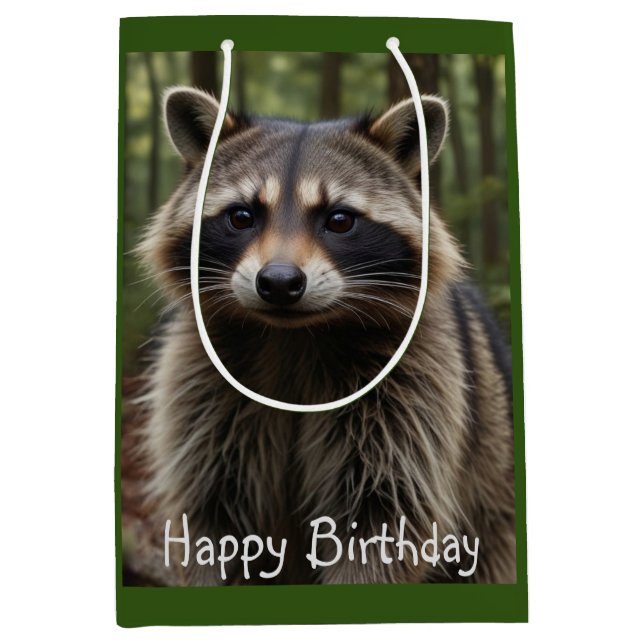 Sacola Para Presentes Média Feliz Aniversário Cute Raccoon (Frente)