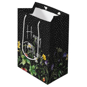 Sacola Para Presentes Média Feliz Aniversário De Flores Selvagens Nas Bolinhas