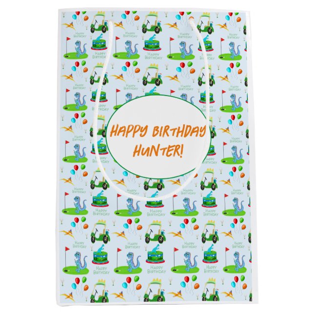 Sacola Para Presentes Média Feliz Aniversário do Dinossauro Gafanhoto. (Frente)