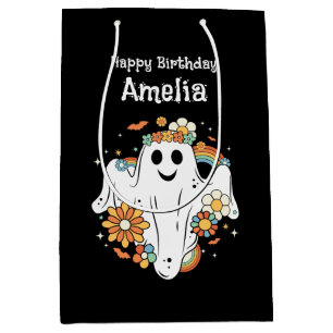 Sacola Para Presentes Média Feliz Aniversário do Fantasma Retro Hippie Vibe