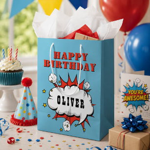 Sacola Para Presentes Média Feliz Aniversário do Super Herói Discurso Bble Boy