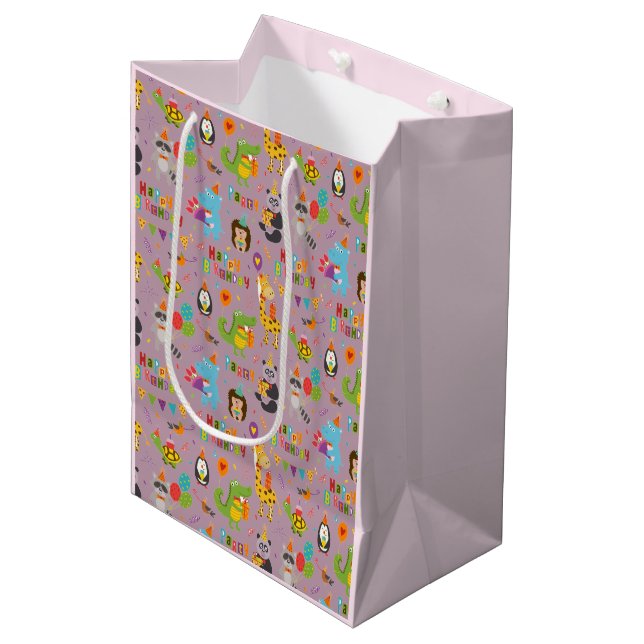 Sacola Para Presentes Média Feliz Aniversário dos Animais Engraçados (Frente inclinada)