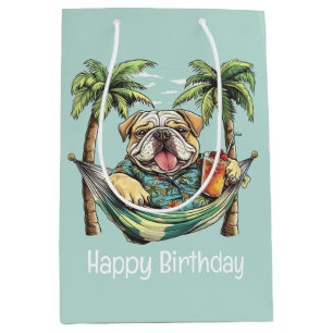 Sacola Para Presentes Média Feliz Aniversário English Bulldog em Topo Havaiano