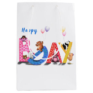 Sacola Para Presentes Média Feliz Aniversário - Festa de Ursos Bebês Divers
