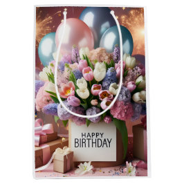 Sacola Para Presentes Média Feliz aniversário, flores e presentes, de Natasha 