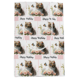 Sacola Para Presentes Média Feliz Aniversário Gatinho No Jardim