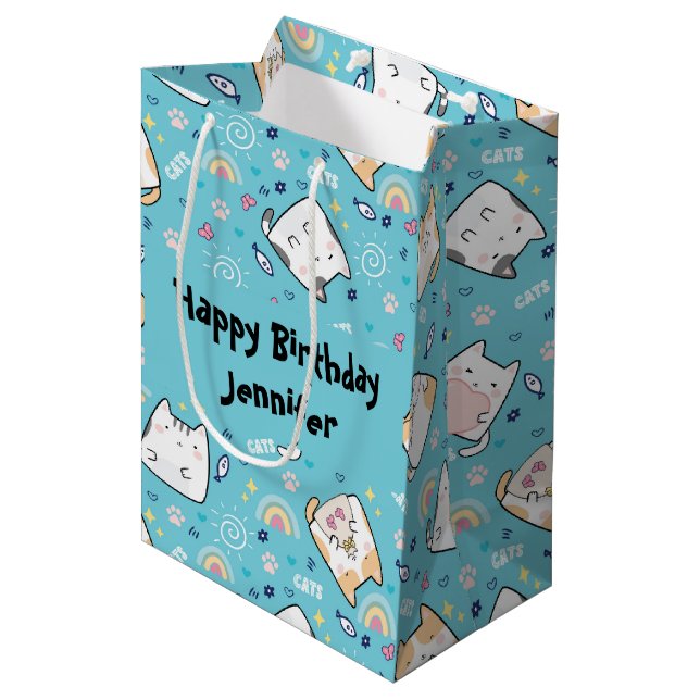 Sacola Para Presentes Média Feliz Aniversário Gato Gato Gato Gelado (Frente inclinada)