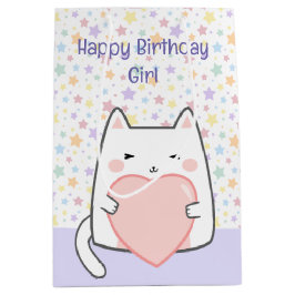 Sacola Para Presentes Média Feliz Aniversário Gato Kawaii com amor Coração